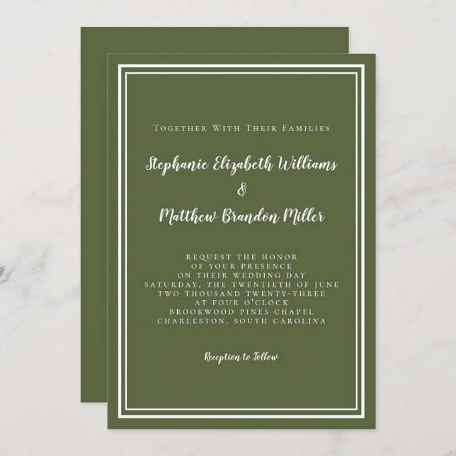 Convites Casamento Elegante Clássico Moderno e Simples Verd (Frente/Verso)