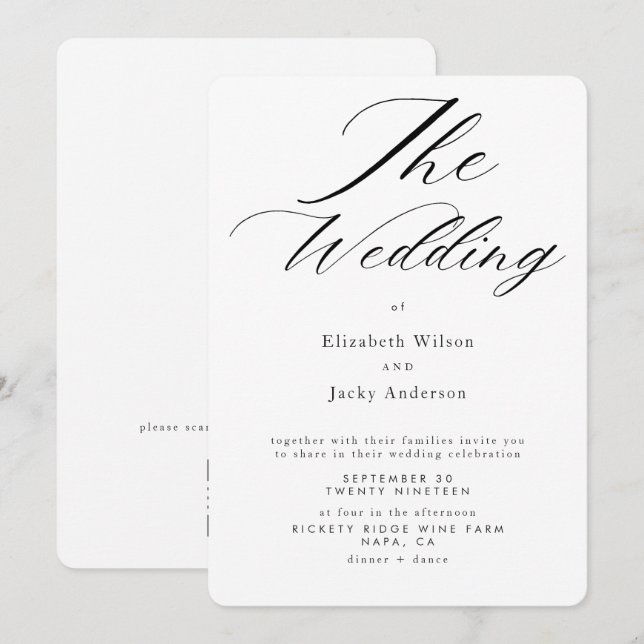Convites Casamento Elegante Clássico Preto e Branco com QR  (Frente/Verso)
