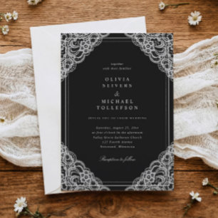 Convites Casamento Elegante Clássico Preto e Branco com Ren