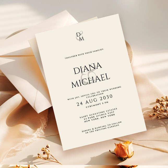 Convites Casamento Elegante Clássico Preto e Marfim Monogra (Criador carregado)