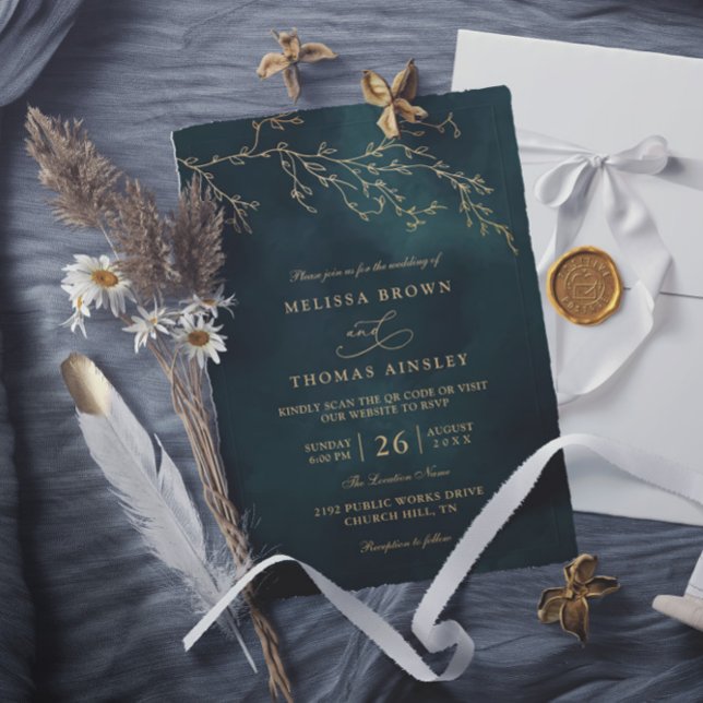 Convites Casamento Elegante Código QR Botânico Verde Esmera (Criador carregado)