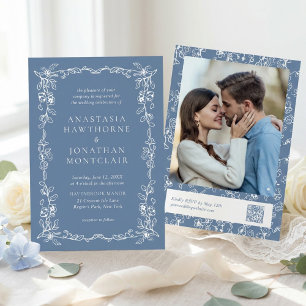 Convites Casamento Elegante Código QR Foto Azul Empoeirado