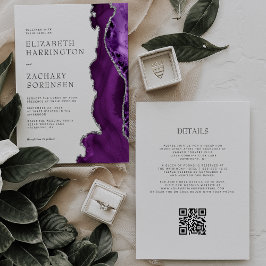 Convites Casamento Elegante Código QR Prata com Ágata Roxa