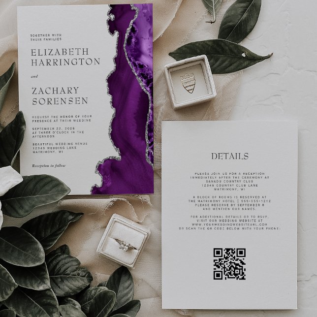 Convites Casamento Elegante Código QR Prata com Ágata Roxa (Criador carregado)
