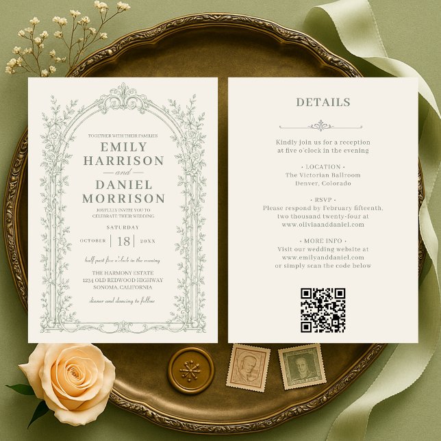 Convites Casamento Elegante Código QR Verde Sálvia Vitorian (Criador carregado)