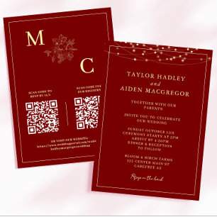 Convites Casamento Elegante Código QR Vermelho Intenso