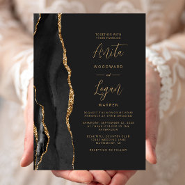 Convites Casamento Elegante com Ágata Preta e Letra Dourada
