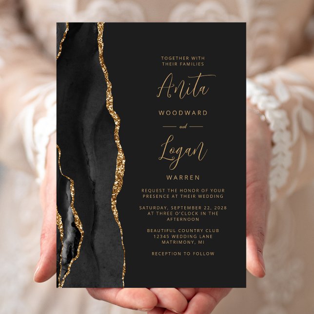 Convites Casamento Elegante com Ágata Preta e Letra Dourada (Criador carregado)