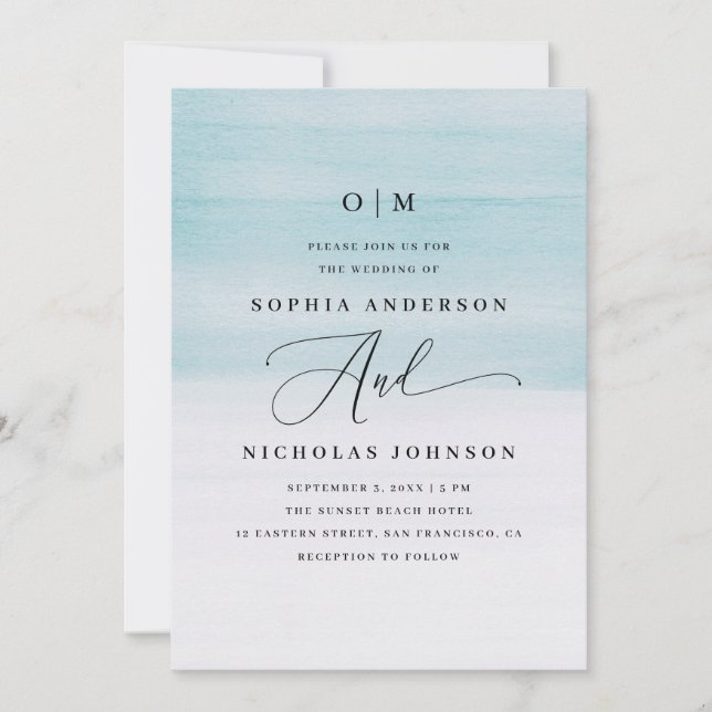 Convites Casamento Elegante com Aquarela Azul | Rótulo Náut (Frente)