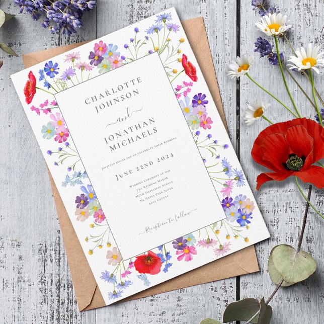Convites Casamento Elegante com Aquarela de Flores Silvestr (Colorful wildflower boho chic wedding invitation )