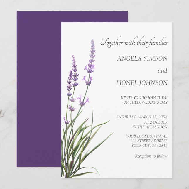 Convites Casamento Elegante com Aquarela de Lavanda  (Frente/Verso)