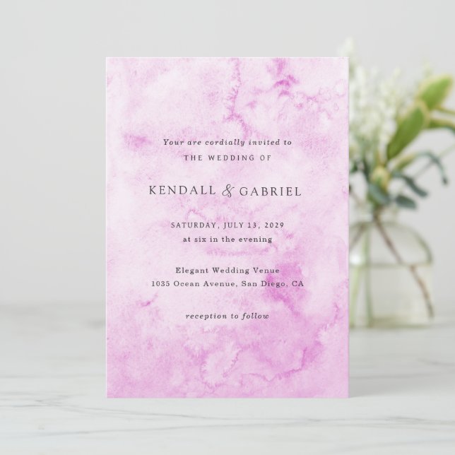 Convites Casamento Elegante com Aquarela Rosa Moderna (Em pé/Frente)