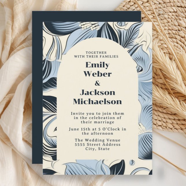 Convites Casamento Elegante com Arco Azul Poeira de Naval  (Navy blue, light lblue, and cream-colored retro style flowers wedding invitation)