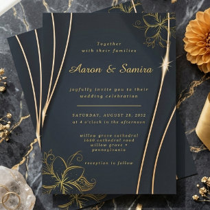 Convites Casamento Elegante com Arte Floral em Ouro e Azul-