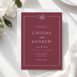 Convites Casamento Elegante com Bordas e Monograma Burgundy