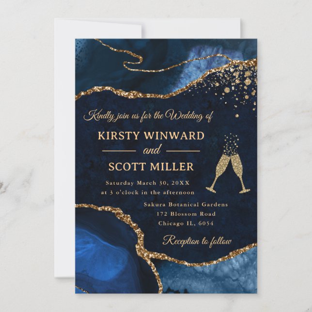 Convites Casamento Elegante com Brilho Azul e Dourado de Ág (Frente)