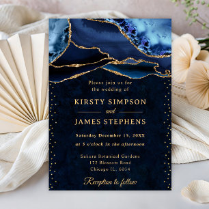 Convites Casamento Elegante com Brilho Azul e Dourado de Ág