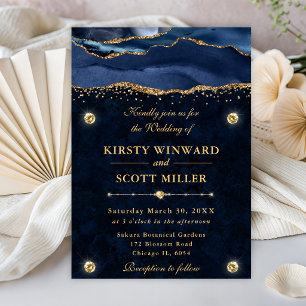 Convites Casamento Elegante com Brilho Azul e Dourado de Ág