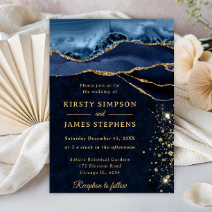 Convites Casamento Elegante com Brilho Azul e Dourado de Ág