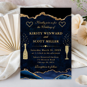 Convites Casamento Elegante com Brilho Azul e Dourado de Ág