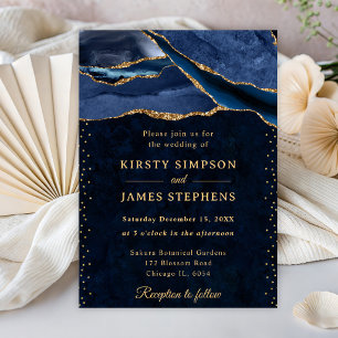 Convites Casamento Elegante com Brilho Azul e Dourado em Ág