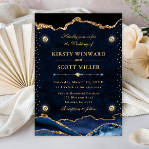 Convites Casamento Elegante com Brilho Azul e Dourado em Ág