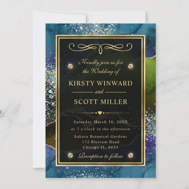 Convites Casamento Elegante com Brilho Azul, Verde e Dourad (Frente)