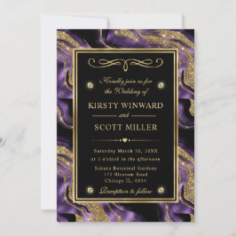 Convites Casamento Elegante com Brilho de Ágata Roxo e Dour
