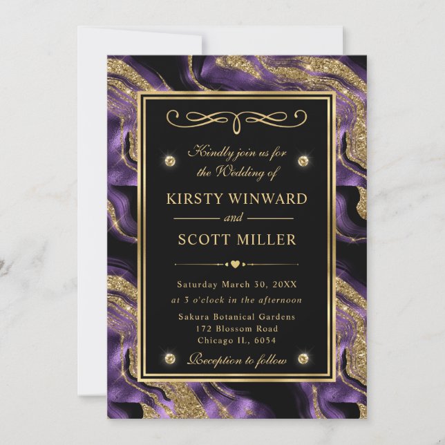 Convites Casamento Elegante com Brilho de Ágata Roxo e Dour (Frente)
