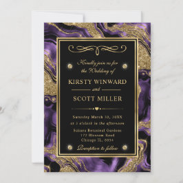 Convites Casamento Elegante com Brilho de Ágata Roxo e Dour