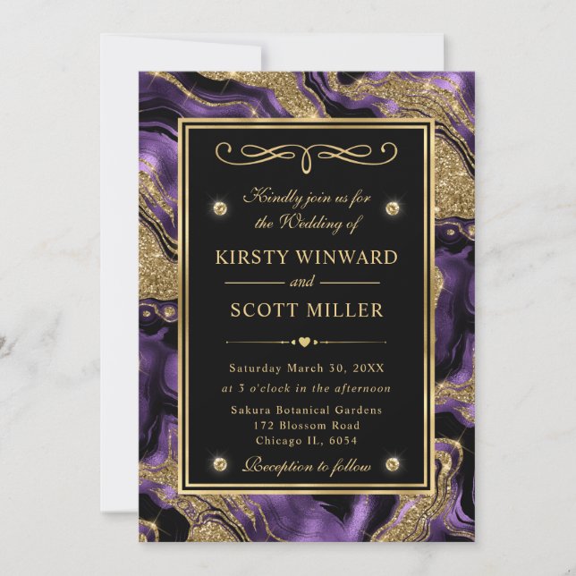 Convites Casamento Elegante com Brilho de Ágata Roxo e Dour (Frente)