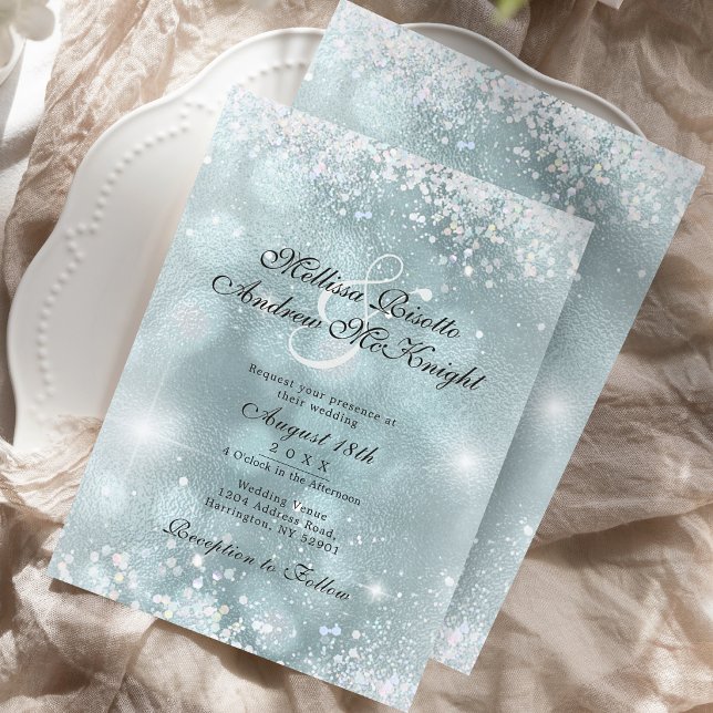 Convites Casamento Elegante com Brilho Prata Azul Claro (Criador carregado)