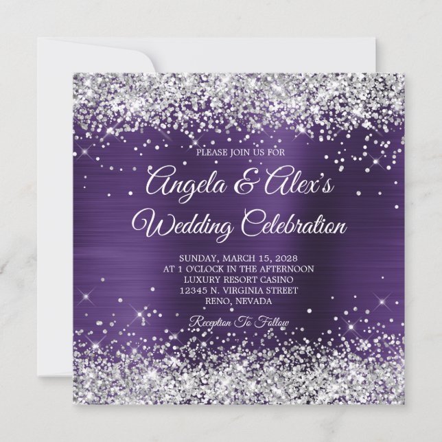 Convites Casamento Elegante com Brilho Prateado e Violeta E (Frente)
