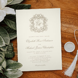 Convites Casamento Elegante com Crista Monograma Marfim Orn