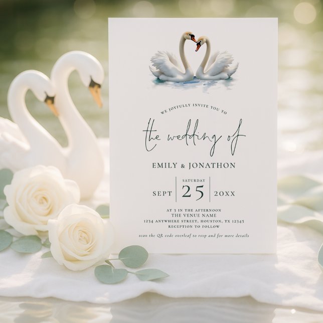 Convites Casamento Elegante com Dois Cisnes em Letra Manual (Criador carregado)