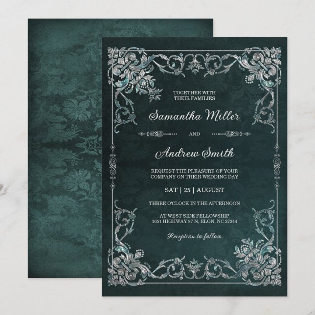 Convites Casamento Elegante com Esmeralda e Diamante (Frente/Verso)