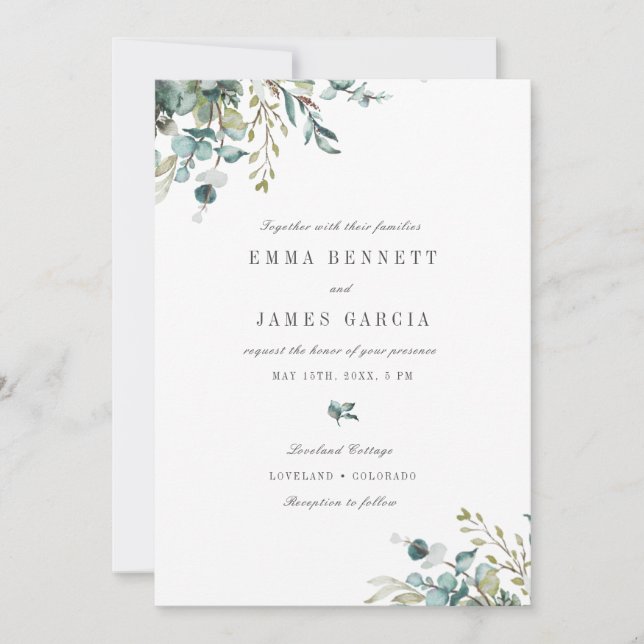 Convites Casamento Elegante com Eucalipto em Aquarela (Frente)