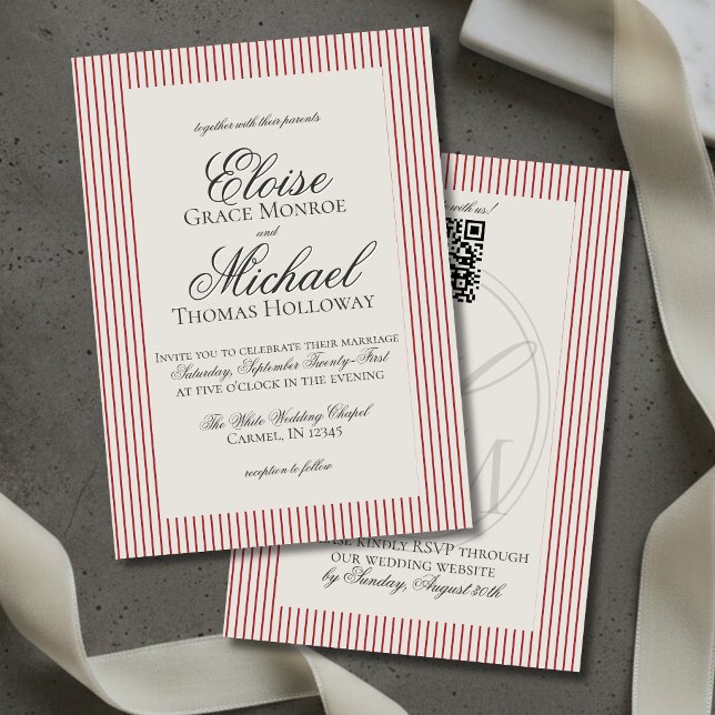 Convites Casamento Elegante com Faixa Vermelha e Letra de R (Elegant Old Money Script Red Stripe Wedding Invitation)