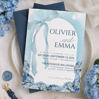 Convites Casamento Elegante com Fita de Hortênsia Azul