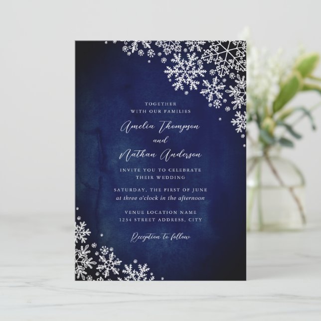 Convites Casamento Elegante com Floco de Neve Azul-Navy (Em pé/Frente)