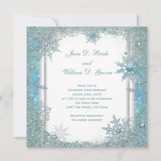 Convites Casamento Elegante com Floco de Neve em Azul Turqu (Frente)