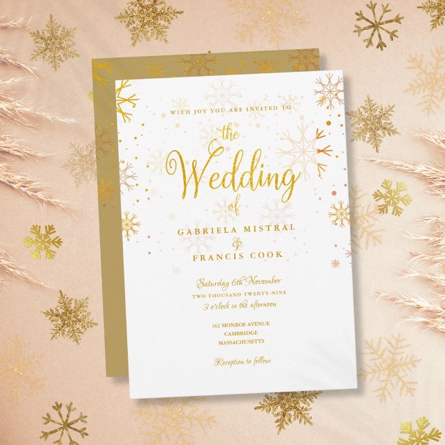 Convites Casamento Elegante com Flocos de Neve Dourados (Gold Winter Snowflakes Elegant Script Wedding Invitation)