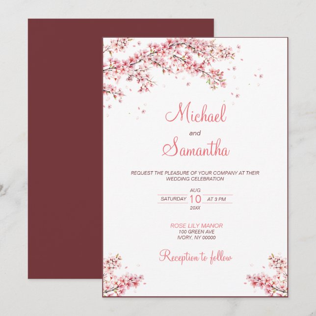 Convites Casamento Elegante com Flor de Cerejeira (Frente/Verso)