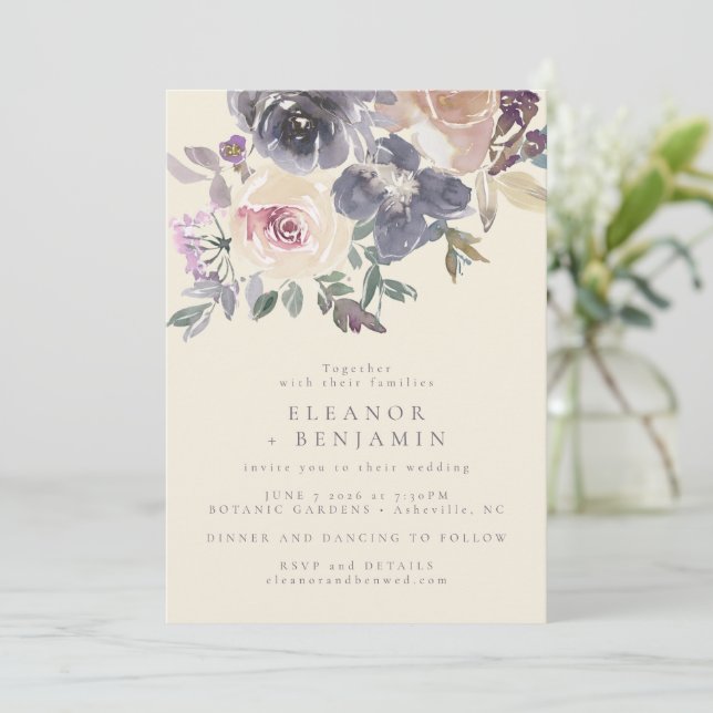 Convites Casamento Elegante com Floral Água-Marinha Roxa Mo (Em pé/Frente)