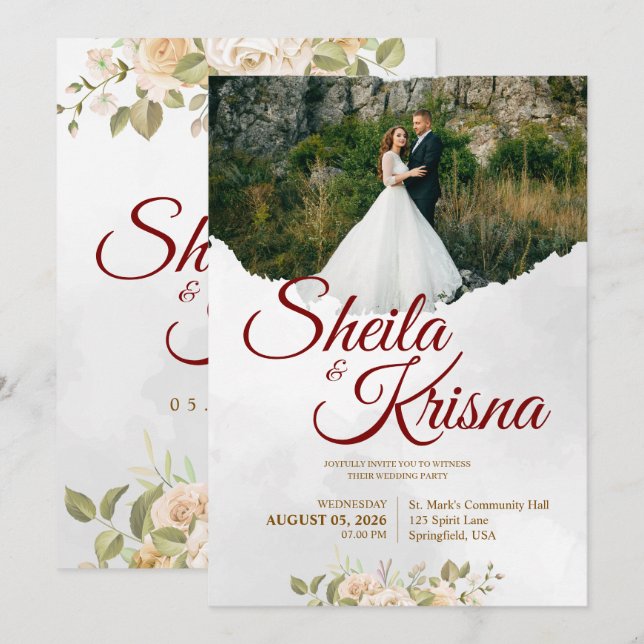 Convites Casamento Elegante com Floral Cinza Marrom com Fot (Frente/Verso)