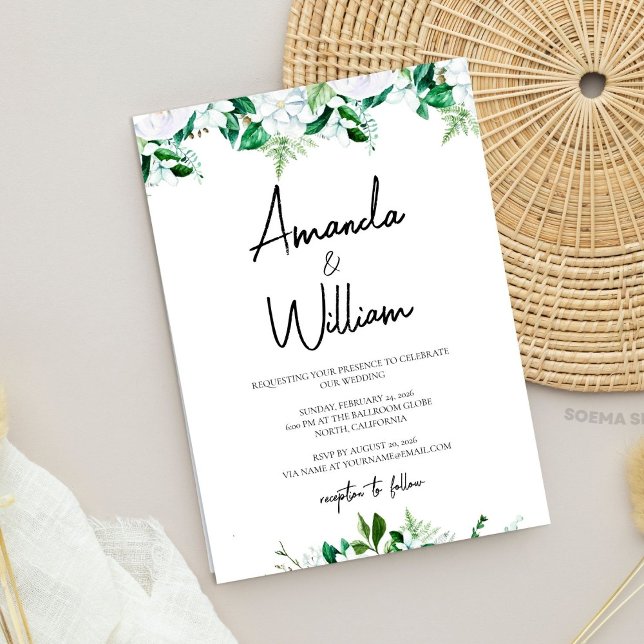 Convites Casamento Elegante com Flores Brancas e Folhagens (Elegant Lush White Floral and Greenery Wedding Invitation)
