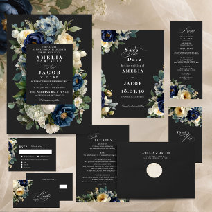 Convites Casamento Elegante com Flores em Azul Naval e Peôn