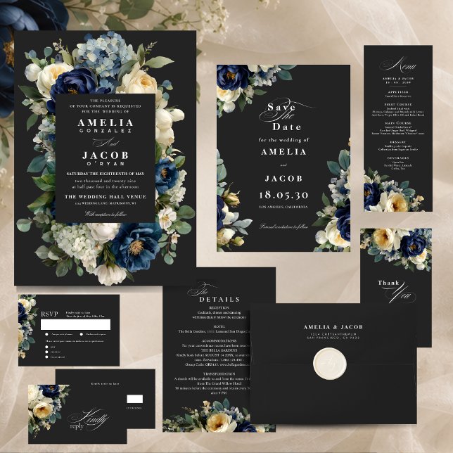 Convites Casamento Elegante com Flores em Azul Naval e Peôn (Criador carregado)