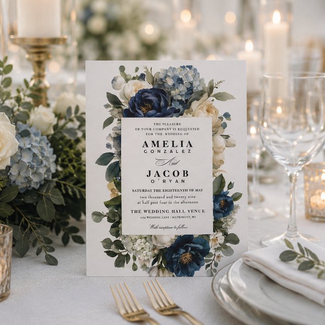 Convites Casamento Elegante com Flores em Azul Naval e Peôn (Navy blue wedding invitation
)