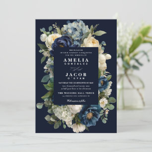 Convites Casamento Elegante com Flores em Azul Naval e Peôn